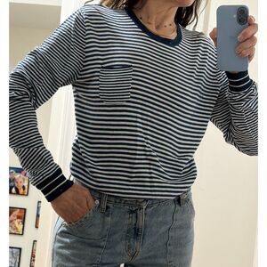 IKKS Linen Blend Striped Sweater Womens/Mens sz. M Lightweight Blue White Pocket